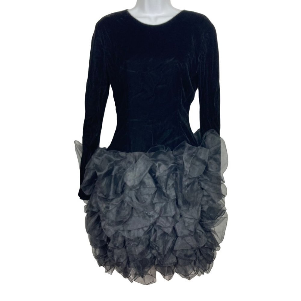 Vintage 80s Tadashi Black Velvet Dress 4 Organza Ruffle Bottom Long Sleeve